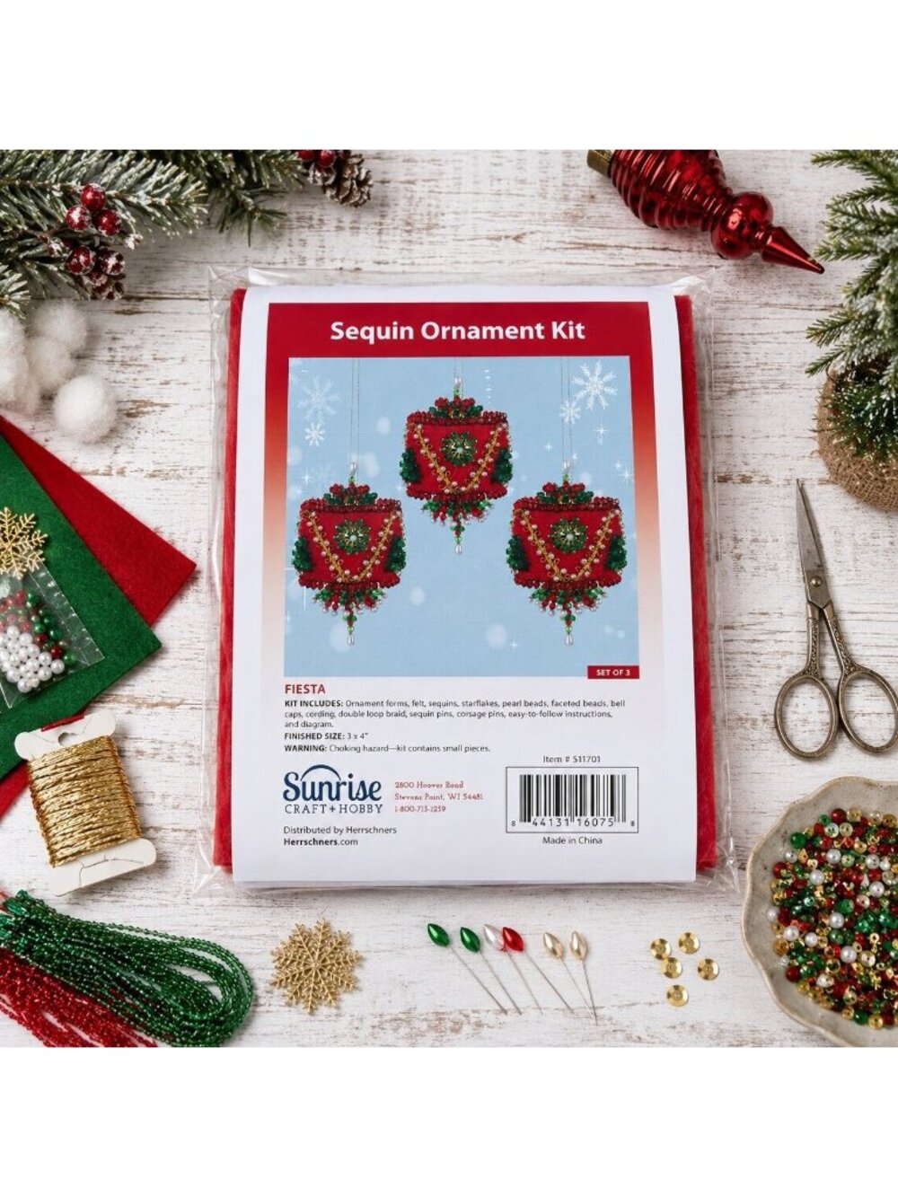 Vintage Sunrise Sequin Push Pin Ornament Craft Kit Fiesta Red Green Christmas